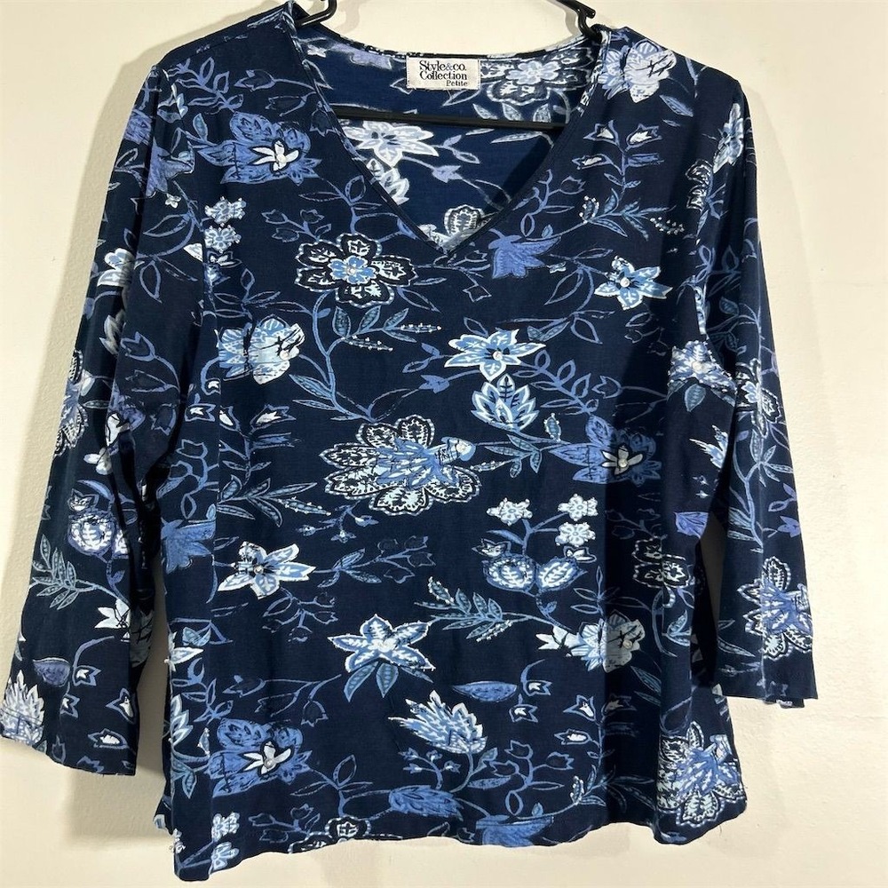 Style & Co‎ PM Blue Floral V-Neck 3/4 Sleeve Blouse Size M